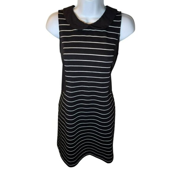 ELLE Dress Small Black White Striped Sleeveless Peter Pan Collar 32" Preowned - Picture 8 of 10